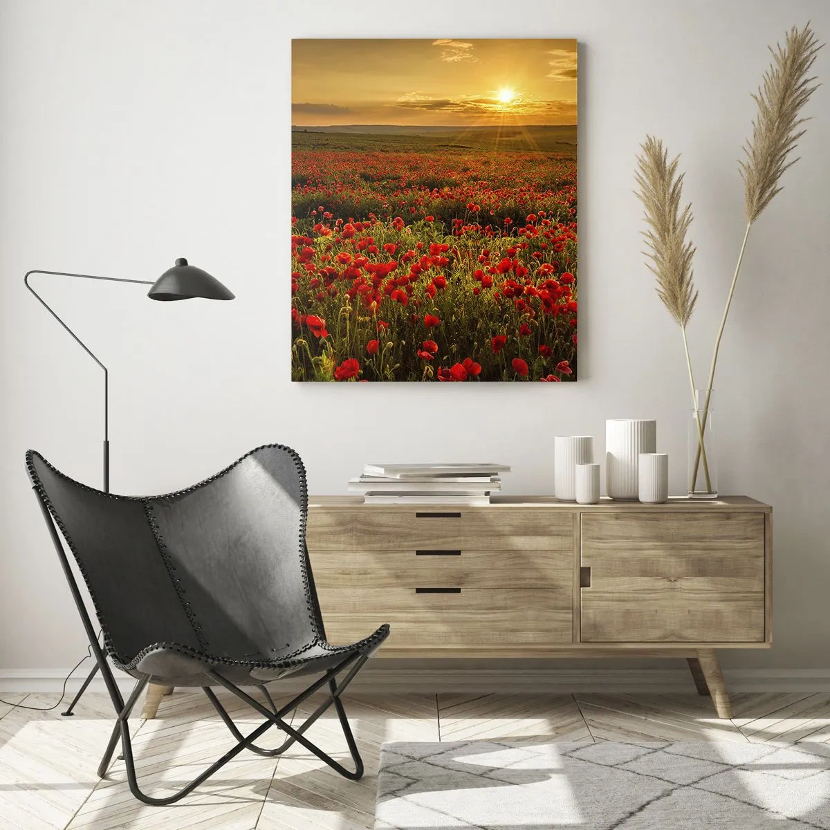 Impression sur verre - Image sur verre - Un champ de coquelicots rouges dans la lueur du soleil couchant - 70x100cm - Parmi les vagues des prairies bruissantes, parmi les fleurs du déluge - Décoration murale moderne pour le salon et la chambre ARTTOR