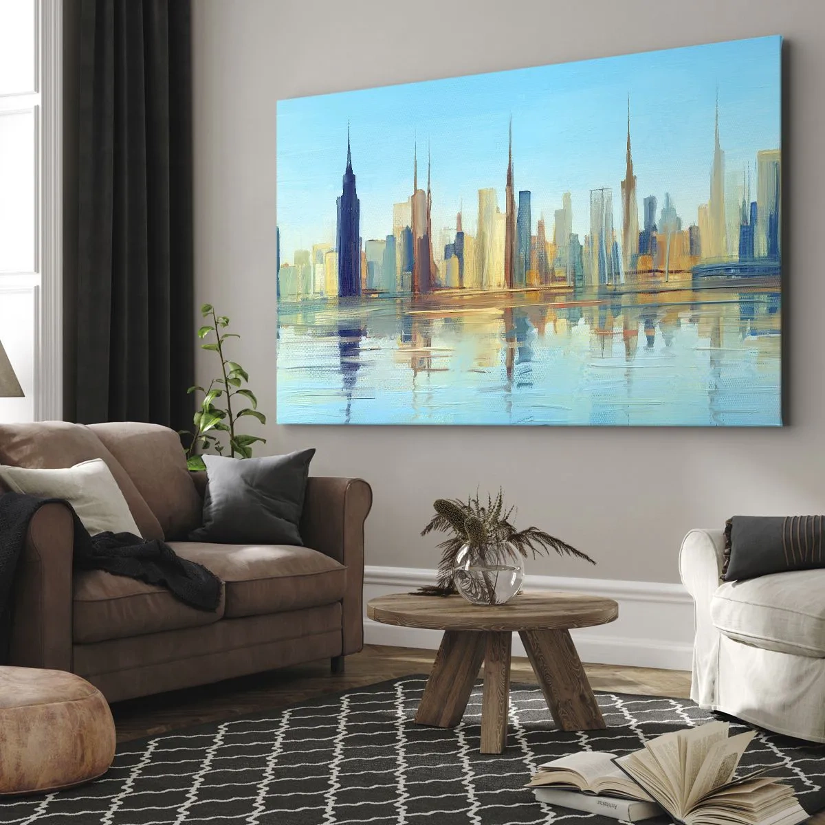 Impression sur toile - Image sur toile - Un panorama de la ville aux couleurs chaudes avec reflet dans l'eau - 100x70cm - Une métropole ensoleillée - Décoration murale moderne pour le salon et la chambre ARTTOR