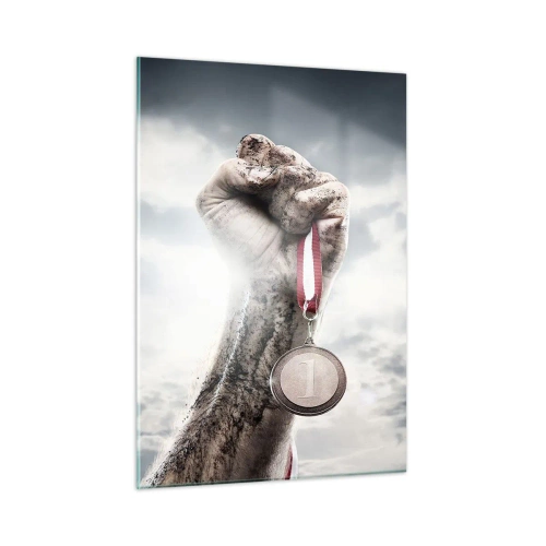 Impression sur verre - Image sur verre - Une main tenant une médaille sur un fond de nuages - 50x70cm - Per aspera ad astra - Décoration murale moderne pour le salon et la chambre ARTTOR