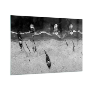 Impression sur verre - Image sur verre - Bateaux noirs et blancs et leurs ombres sur une plage de sable vue d'en haut - 100x70cm - Toujours sur le rivage… - Décoration murale moderne pour le salon et la chambre ARTTOR