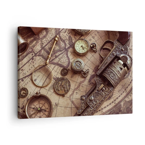 Impression sur toile - Image sur toile - Objets anciens sur une vieille carte dans un style rétro - 70x50cm - L'aventure appelle - Décoration murale moderne pour le salon et la chambre ARTTOR