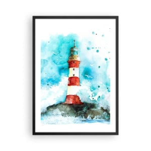 Affiche dans un cadre noir - Poster - Phare de style aquarelle avec des vagues de la mer - 50x70cm - Unité des éléments - Décoration murale moderne pour le salon et la chambre ARTTOR