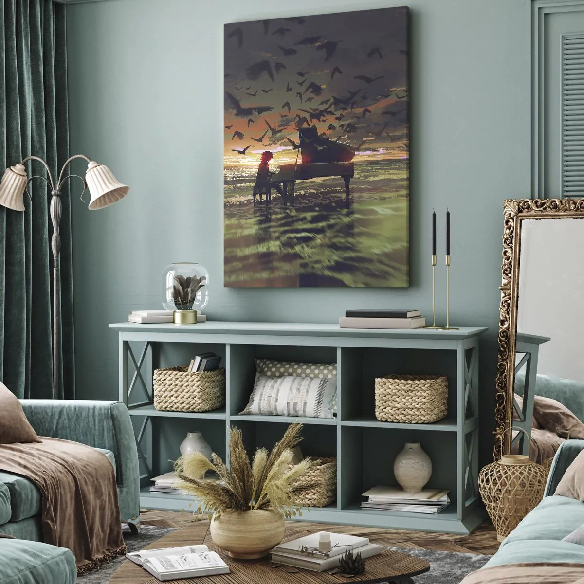 Impression sur toile - Image sur toile - Un piano au bord de la mer au coucher du soleil avec des oiseaux - 80x120cm - Concert pour piano et vagues - Décoration murale moderne pour le salon et la chambre ARTTOR