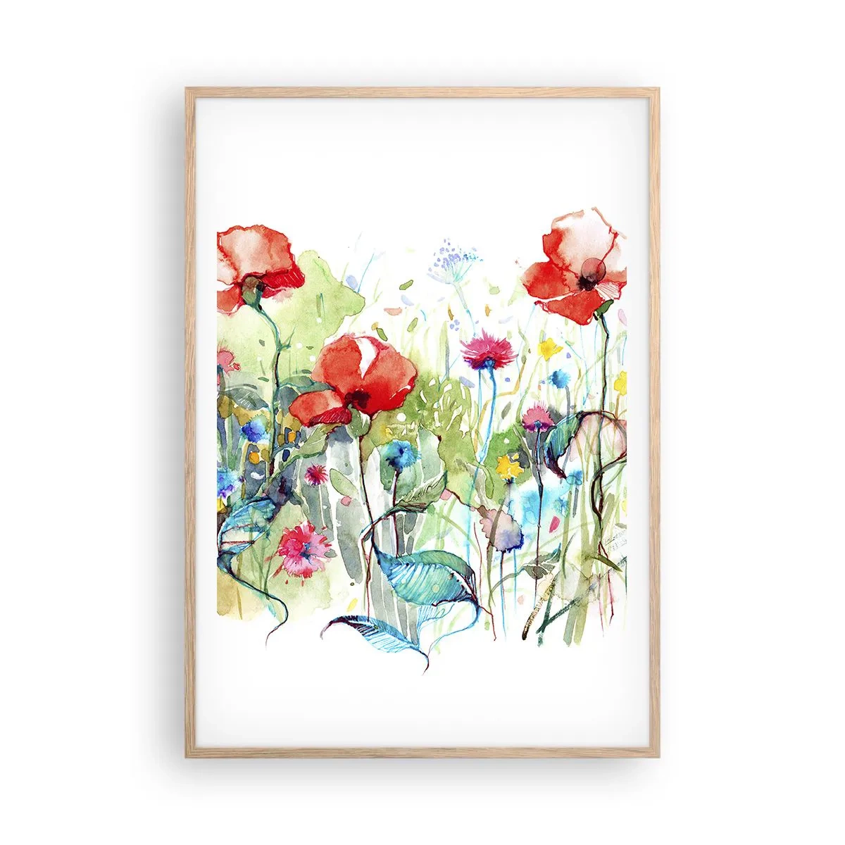 Affiche dans un chêne clair - Poster - Prairie de fleurs en mai - 70x100 cm