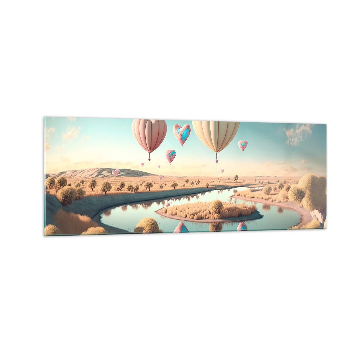 Impression sur verre - Image sur verre - Des ballons en forme de cœur flottant au-dessus du paysage - 140x50cm - L'amour te permet de t'élever - Décoration murale moderne pour le salon et la chambre ARTTOR