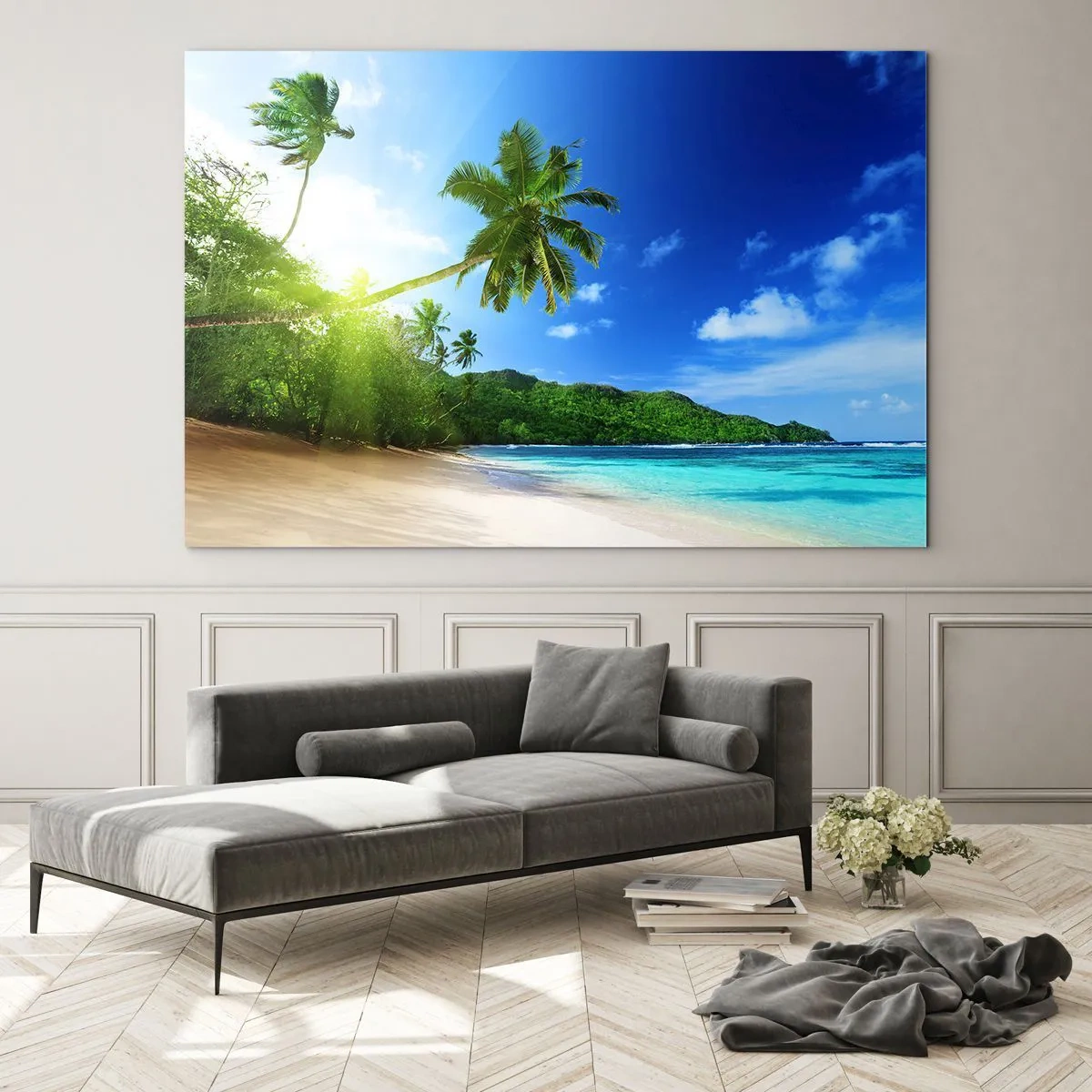 Impression sur verre - Image sur verre - Plage tropicale avec palmiers et eau cristalline - 120x80cm - La douceur des tropiques - Décoration murale moderne pour le salon et la chambre ARTTOR