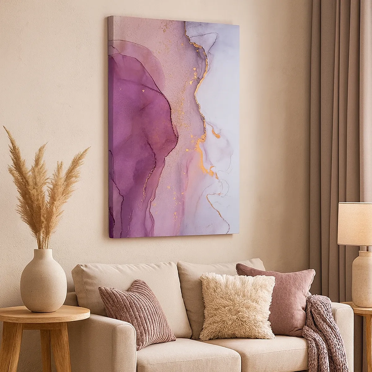 Impression sur toile - Image sur toile - Une composition abstraite dans des tons de violet et d'or. - 50x70cm - Vagues lilas et violettes - Décoration murale moderne pour le salon et la chambre ARTTOR