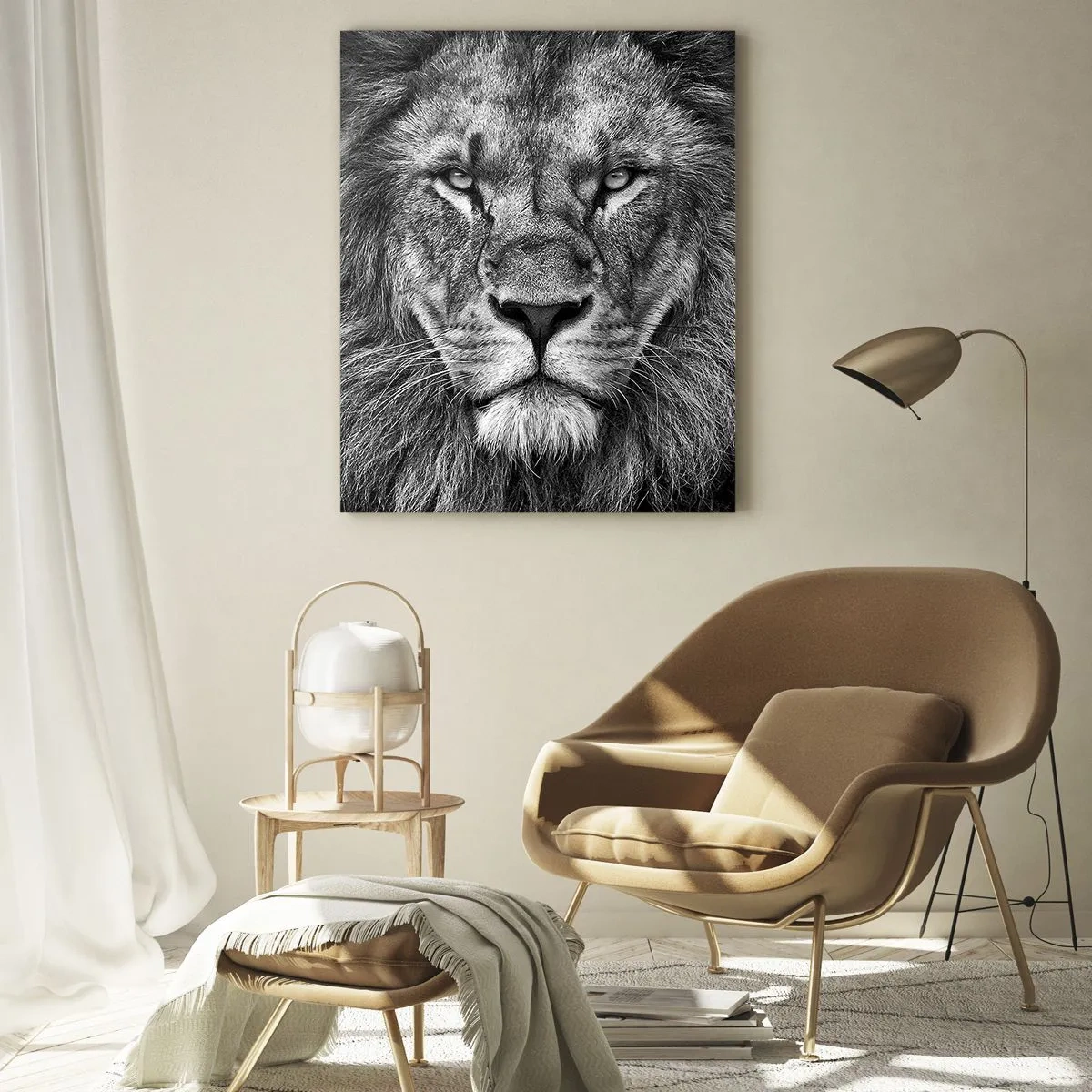 Impression sur verre - Image sur verre - Portrait d'un lion en noir et blanc avec une crinière majestueuse - 50x70cm - En vêtement de sacre - Décoration murale moderne pour le salon et la chambre ARTTOR