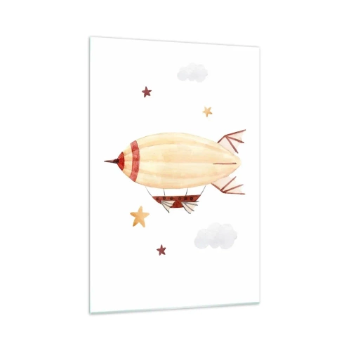 Impression sur verre - Image sur verre - Un dirigeable peint à la main sur fond d'étoiles - 70x100cm - Dirigeable - Décoration murale moderne pour le salon et la chambre ARTTOR