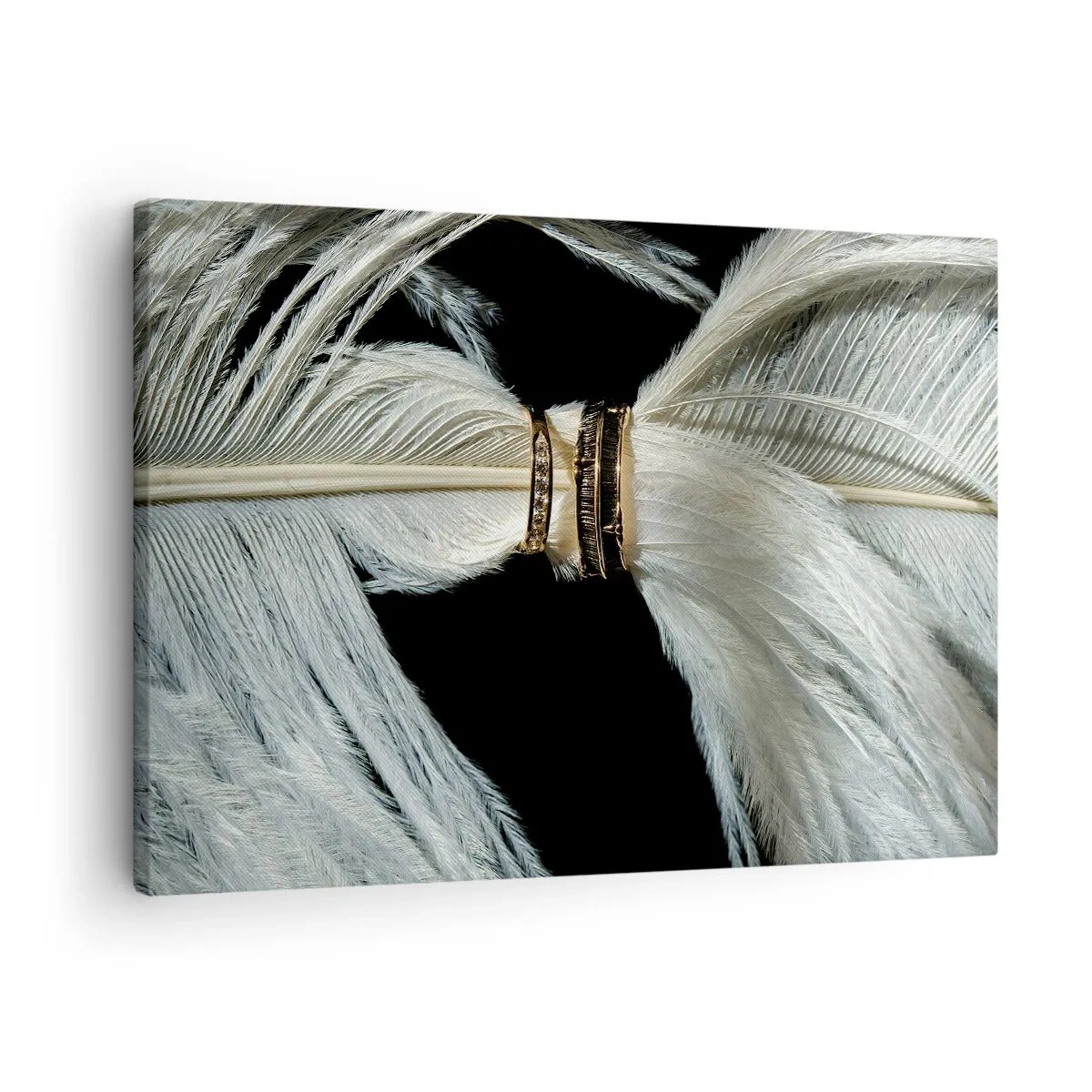 Impression sur toile - Image sur toile - Une plume blanche avec deux anneaux d'or sur fond noir - 70x50cm - ... et je ne te laisserai pas ... - Décoration murale moderne pour le salon et la chambre ARTTOR