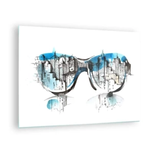 Impression sur verre - Image sur verre - Le panorama de la ville reflété dans les lunettes de soleil - 70x50cm - Le chic des grandes villes - Décoration murale moderne pour le salon et la chambre ARTTOR