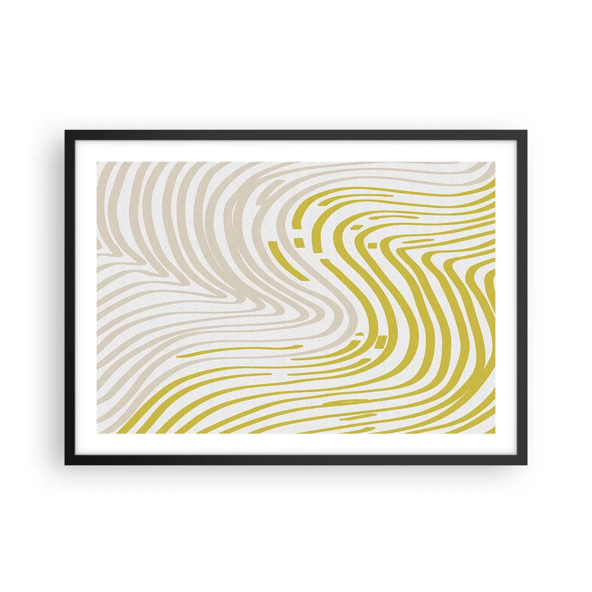 Affiche dans un cadre noir - Poster - Un motif abstrait avec des lignes ondulées dans des tons de jaune et de beige. - 70x50cm - Une composition au léger virage - Décoration murale moderne pour le salon et la chambre ARTTOR