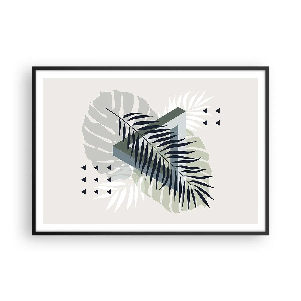 Affiche dans un cadre noir - Poster - Composition géométrique avec des feuilles tropicales dans des tons verts - 100x70cm - Nature et géométrie - deux odres? - Décoration murale moderne pour le salon et la chambre ARTTOR