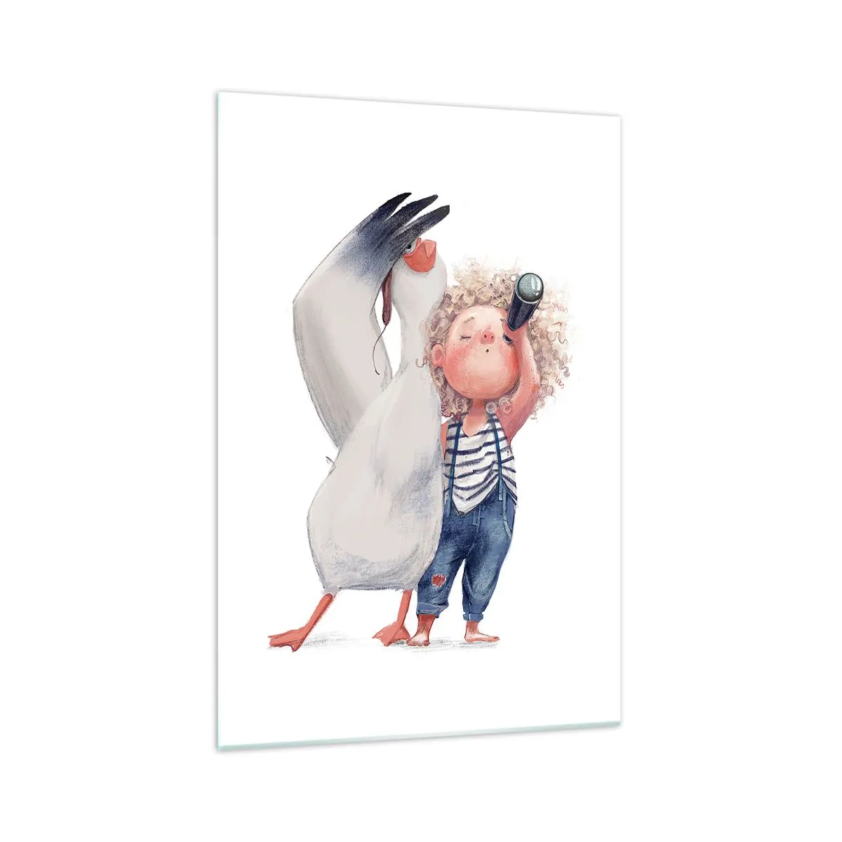 Impression sur verre - Image sur verre - Illustration d'un enfant avec un pélican et un télescope à la main - 70x100cm - Plan de grand voyage - Décoration murale moderne pour le salon et la chambre ARTTOR