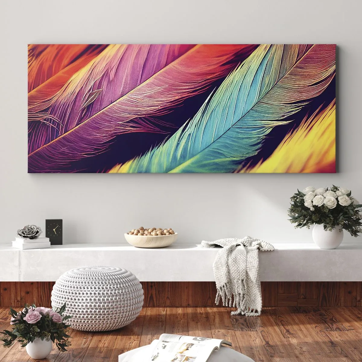 Impression sur toile - Image sur toile - Arc-en-ciel de plumes - 100x40 cm