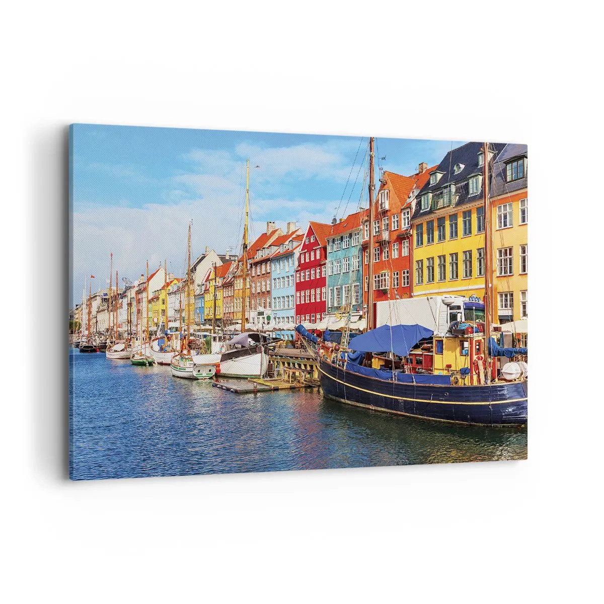 Impression sur toile - Image sur toile - Maisons colorées sur le canal avec des bateaux au soleil - 120x80cm - Quai joyeux - Décoration murale moderne pour le salon et la chambre ARTTOR