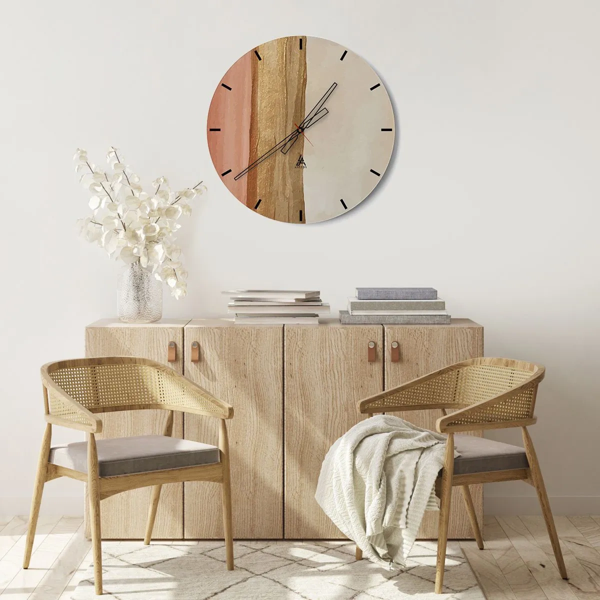 Horloge murale - Pendule murale - Rayures verticales dans les tons beige, bois et terre cuite - 30x30cm - Composition verticale - Décoration murale moderne pour le salon, la cuisine et la chambre ARTTOR