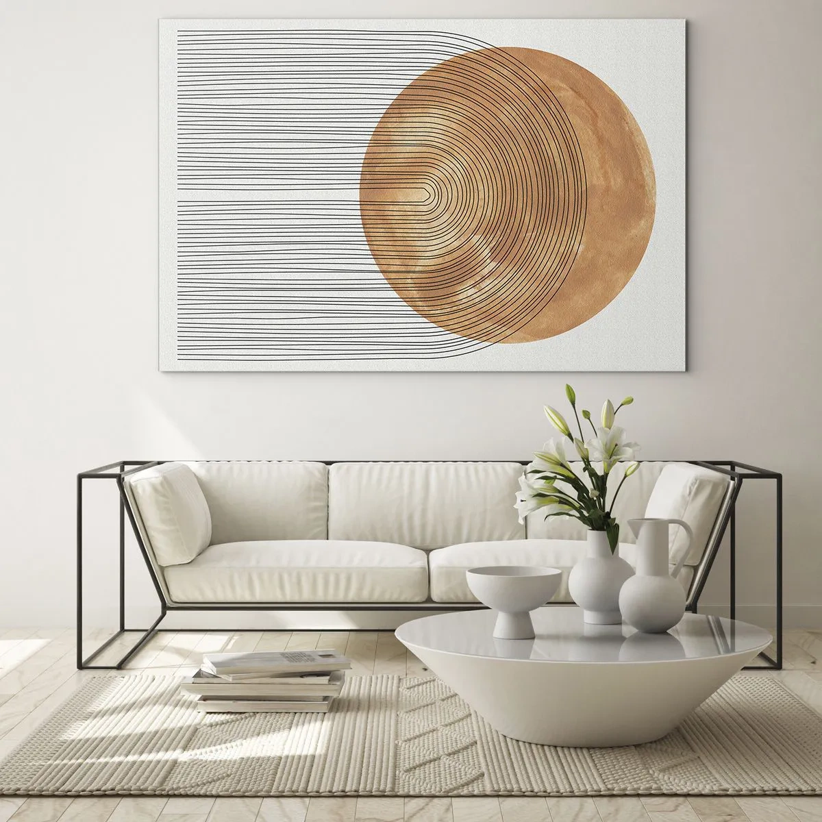 Impression sur verre - Image sur verre - Forme géométrique avec des lignes concentriques et un cercle doré - 120x80cm - Composition solaire - Décoration murale moderne pour le salon et la chambre ARTTOR
