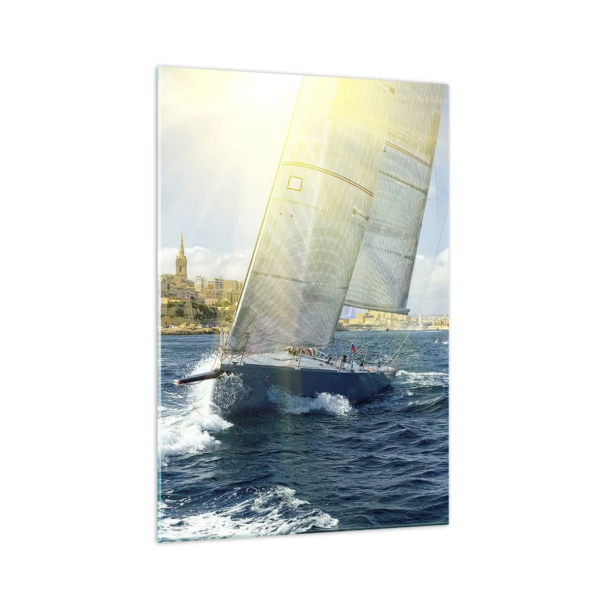 Impression sur verre - Image sur verre - Course de yachts sur fond de côte ensoleillée - 70x100cm - Il est temps de quitter la ville - Décoration murale moderne pour le salon et la chambre ARTTOR