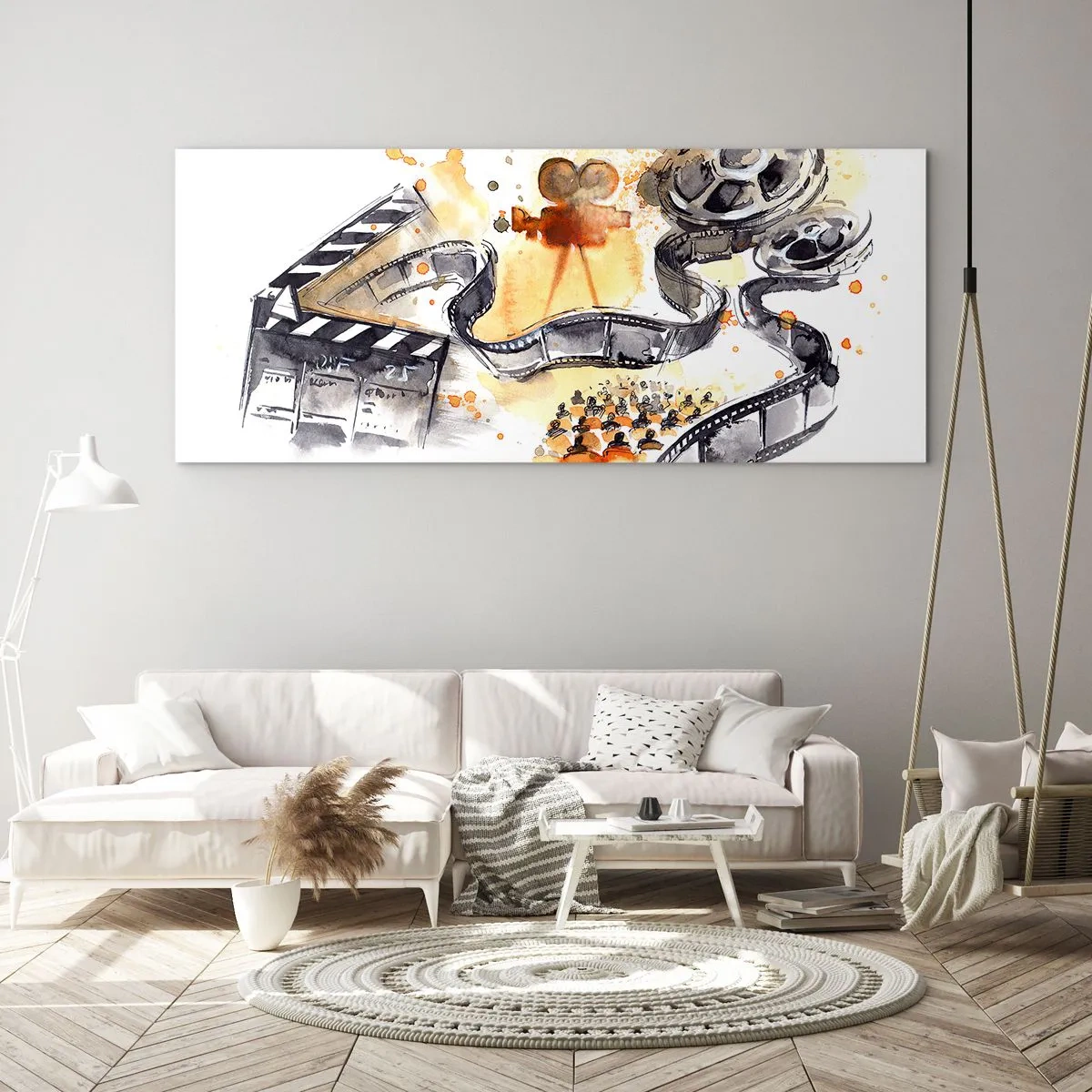 Impression sur verre - Image sur verre - Le symbolisme du cinéma avec une pellicule dans une aquarelle artistique - 120x50cm - Au pays des rêves - Décoration murale moderne pour le salon et la chambre ARTTOR
