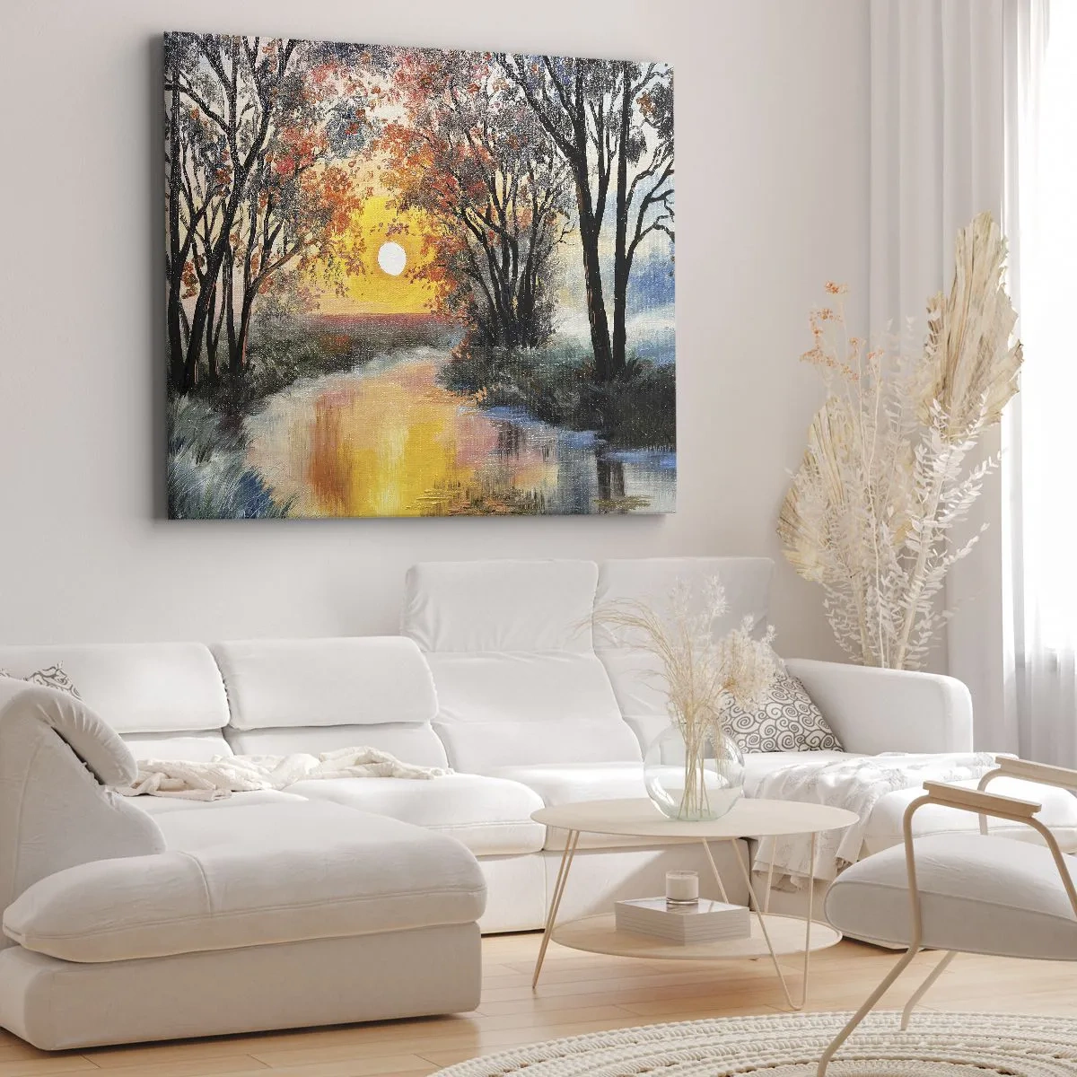 Impression sur toile - Image sur toile - Coucher de soleil sur la rivière dans un paysage d'automne - 120x80cm - Climats de printemps - Décoration murale moderne pour le salon et la chambre ARTTOR