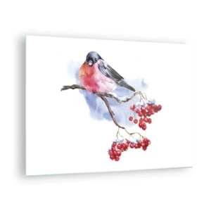 Impression sur verre - Image sur verre - Un oiseau sur une branche de sorbier - 70x50cm - L'hiver en couleurs - Décoration murale moderne pour le salon et la chambre ARTTOR