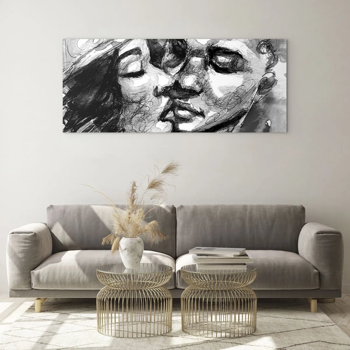 Impression sur verre - Image sur verre - Une aquarelle en noir et blanc représentant un moment intime entre deux personnes. - 120x50cm - Un moment tendre - Décoration murale moderne pour le salon et la chambre ARTTOR
