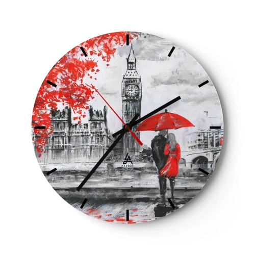 Horloge murale - Pendule murale - Un couple sous un parapluie rouge avec Big Ben et les Chambres du Parlement en arrière-plan. - 30x30cm - Amoureux de Londres - Décoration murale moderne pour le salon, la cuisine et la chambre ARTTOR