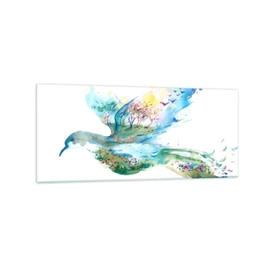 Impression sur verre - Image sur verre - Composition à l'aquarelle d'un oiseau avec des éléments de la nature - 120x50cm - Sur les ailes de la nature - Décoration murale moderne pour le salon et la chambre ARTTOR