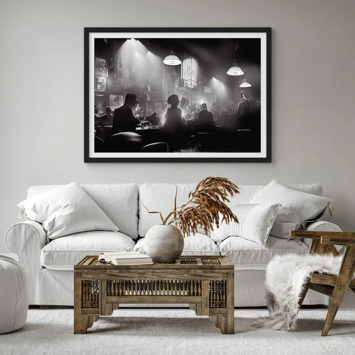 Affiche dans un cadre noir - Poster - Scène de boîte de nuit de jazz en noir et blanc - 100x70cm - Dans une ambiance jazz - Décoration murale moderne pour le salon et la chambre ARTTOR