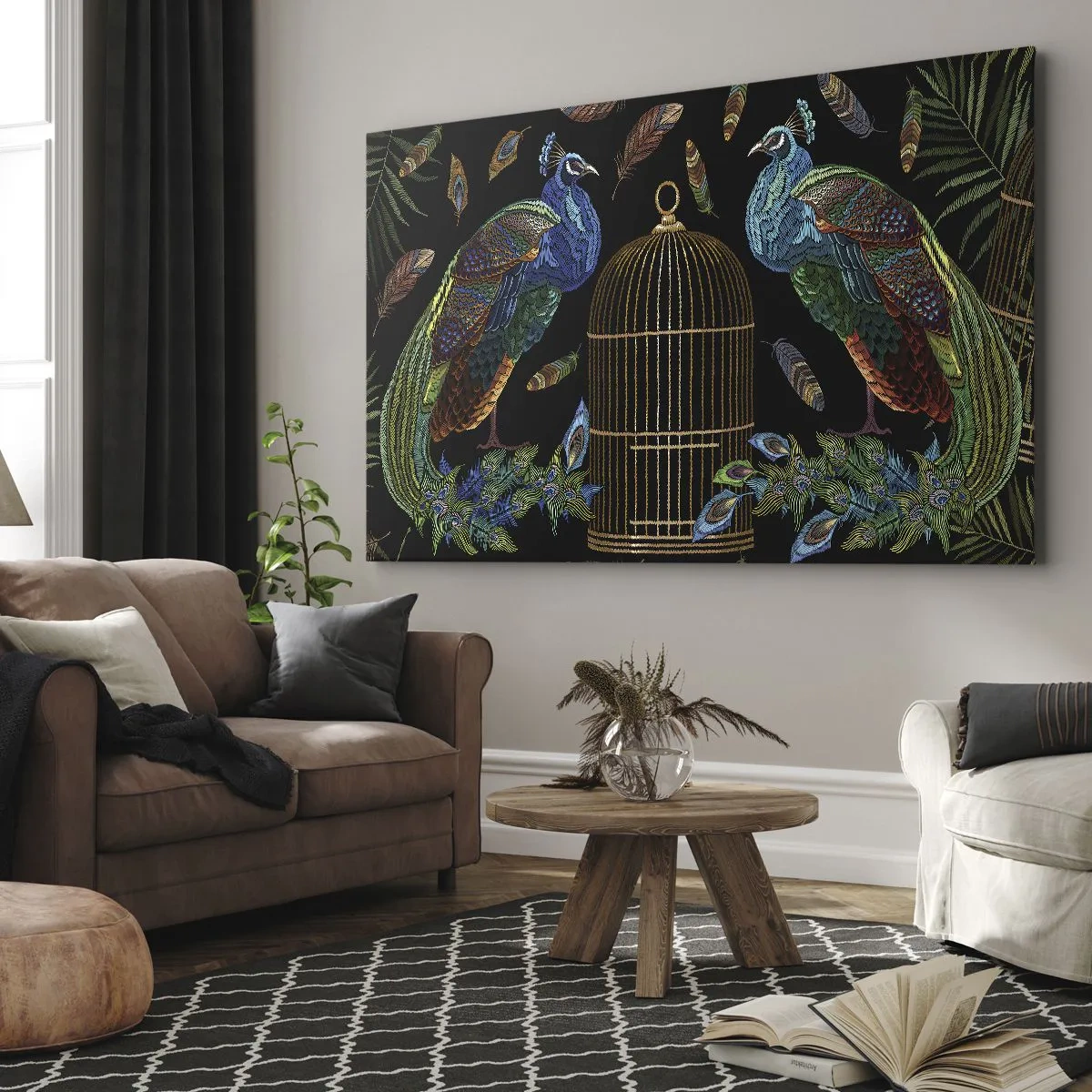 Impression sur toile - Image sur toile - Paons à côté d'une cage dorée sur fond noir - 100x70cm - En robes royales - Décoration murale moderne pour le salon et la chambre ARTTOR