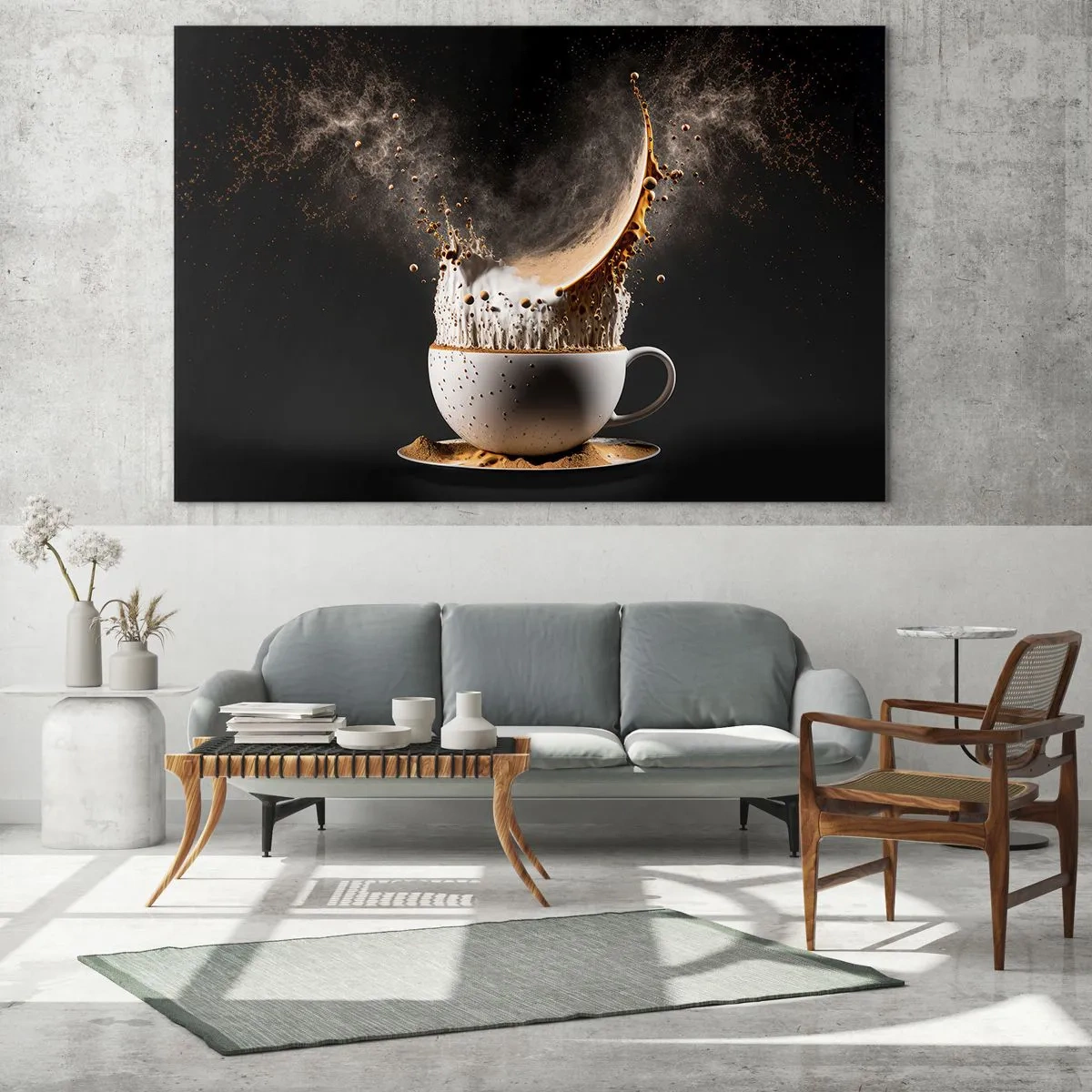 Impression sur verre - Image sur verre - Éclaboussures de café avec du lait dans une prise de vue dynamique - 120x80cm - Une explosion de saveur - Décoration murale moderne pour le salon et la chambre ARTTOR