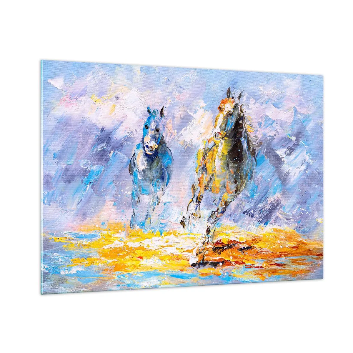 Impression sur verre - Image sur verre - Deux chevaux galopant dans l'eau dans un style artistique - 100x70cm - À travers l'éblouissement du galop - Décoration murale moderne pour le salon et la chambre ARTTOR