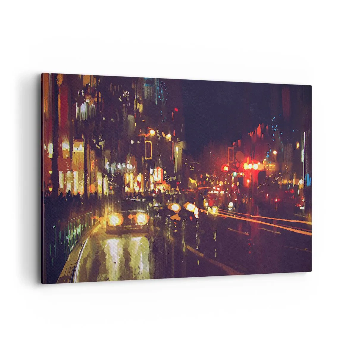 Impression sur toile - Image sur toile - Scène de ville nocturne avec des lumières colorées et des reflets dans la rue - 120x80cm - Immergé dans les lumières de la nuit - Décoration murale moderne pour le salon et la chambre ARTTOR