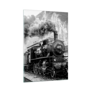 Impression sur verre - Image sur verre - Une locomotive à vapeur noire et blanche sur fond de paysage de montagne - 80x120cm - Attend à la gare... - Décoration murale moderne pour le salon et la chambre ARTTOR