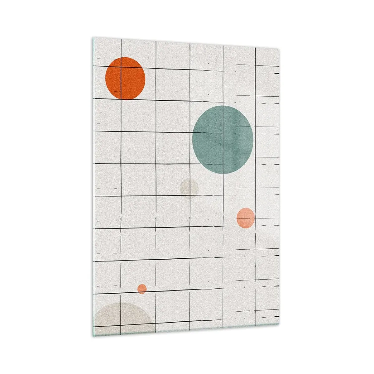 Impression sur verre - Image sur verre - Cercles colorés sur une grille géométrique de lignes fines - 50x70cm - Piégé. Nous ou eux ? - Décoration murale moderne pour le salon et la chambre ARTTOR