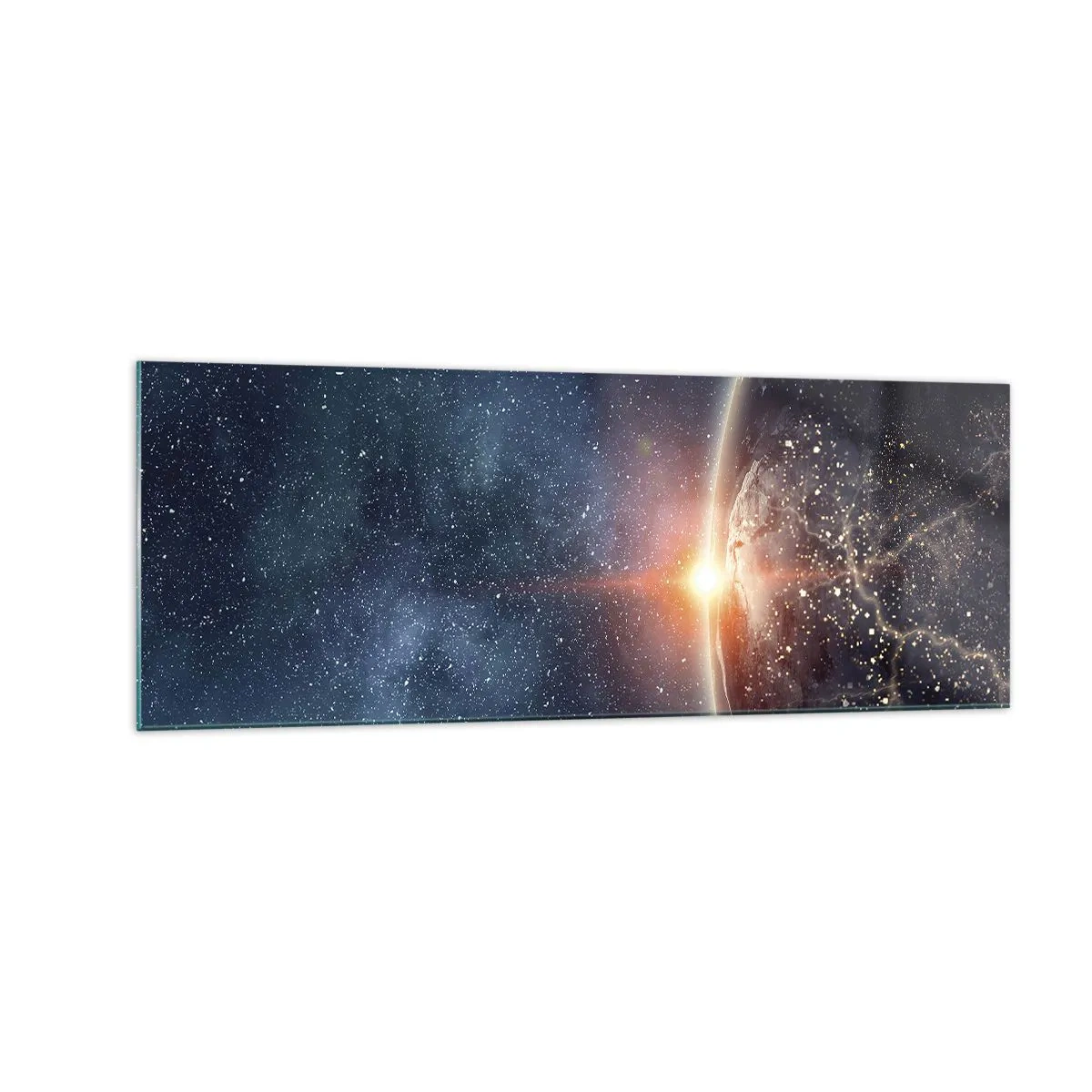 Impression sur verre - Image sur verre - La Terre vue de l'espace avec le soleil levant - 140x50cm - Dans une nouvelle perspective - Décoration murale moderne pour le salon et la chambre ARTTOR