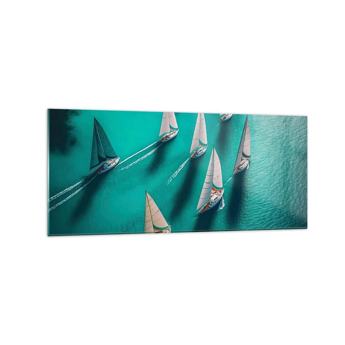 Impression sur verre - Image sur verre - Yachts sur l'eau turquoise en mouvement dynamique - 120x50cm - Dans une compétition avec le vent - Décoration murale moderne pour le salon et la chambre ARTTOR