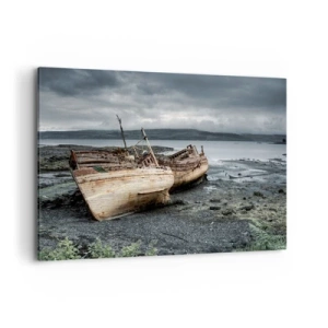 Impression sur toile - Image sur toile - Bateaux abandonnés sur le rivage dans une scène pluvieuse - 120x80cm - "En signe d'épreuves difficile" - Décoration murale moderne pour le salon et la chambre ARTTOR