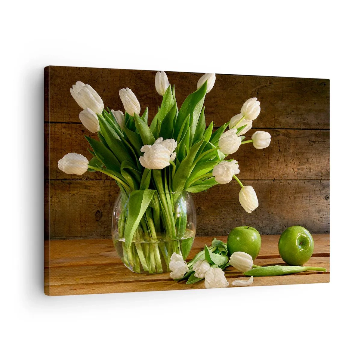 Impression sur toile - Image sur toile - Un bouquet de tulipes blanches dans un vase en verre avec des pommes vertes - 70x50cm - Juteux et frais en vert et blanc - Décoration murale moderne pour le salon et la chambre ARTTOR
