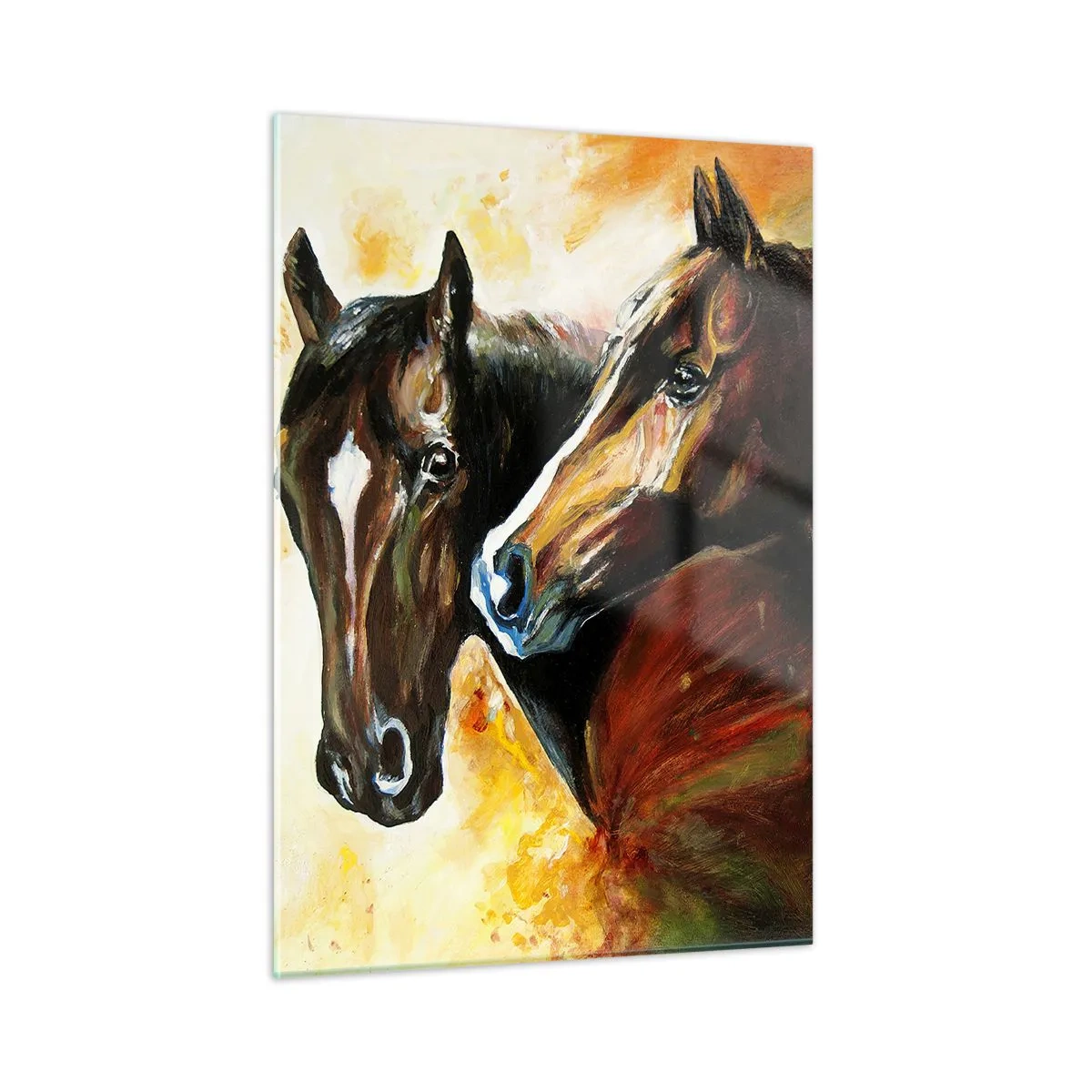 Impression sur verre - Image sur verre - Deux chevaux dans une composition artistique et dynamique - 50x70cm - Deux fois plus gracieux - Décoration murale moderne pour le salon et la chambre ARTTOR