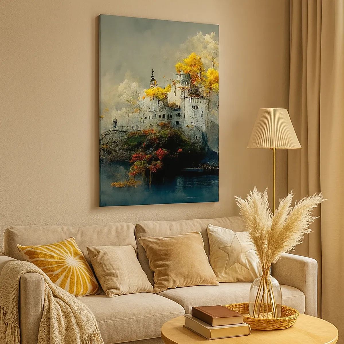 Impression sur toile - Image sur toile - Un château sur une colline entouré d'arbres d'automne - 50x70cm - Le début d'une histoire romantique - Décoration murale moderne pour le salon et la chambre ARTTOR