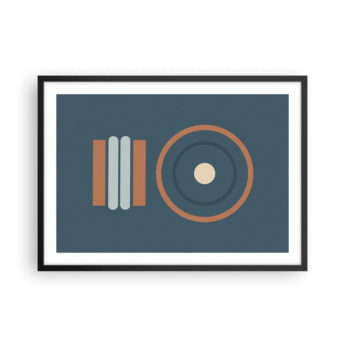 Affiche dans un cadre noir - Poster - Une composition géométrique avec des cercles et des rectangles aux couleurs sobres. - 70x50cm - Essence des choses - Décoration murale moderne pour le salon et la chambre ARTTOR