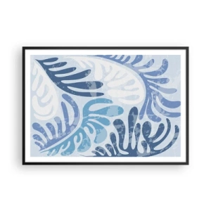 Affiche dans un cadre noir - Poster - Formes abstraites dans des tons de bleu sur fond blanc - 100x70cm - Fougères bleues - Décoration murale moderne pour le salon et la chambre ARTTOR