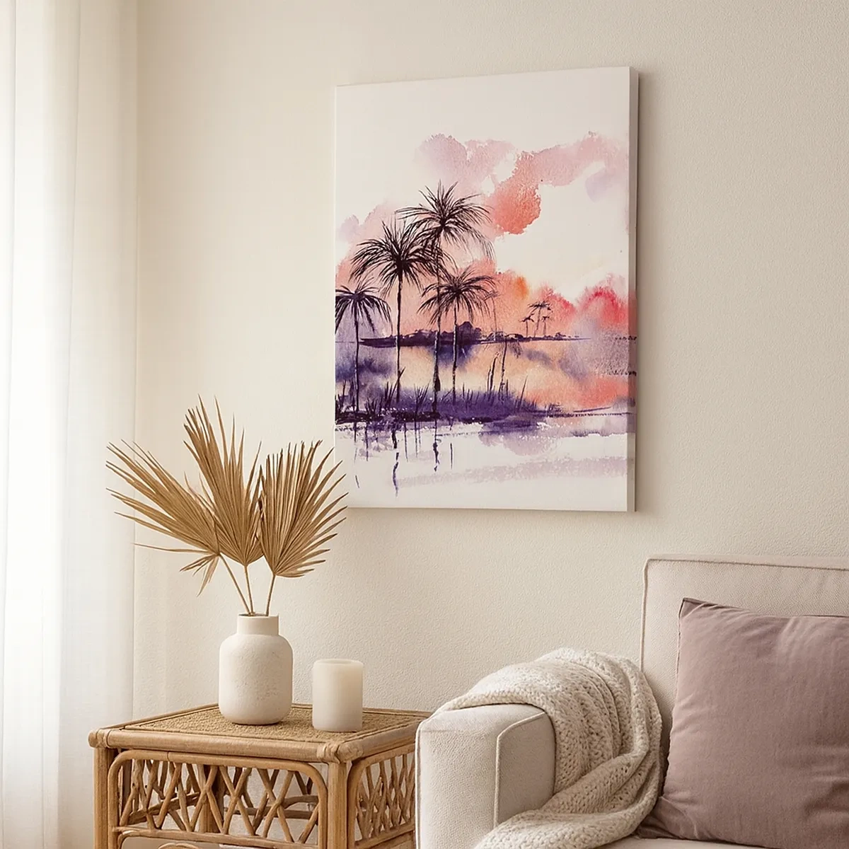 Impression sur toile - Image sur toile - Paysage tropical avec palmiers au coucher du soleil à l'aquarelle - 50x70cm - La tranquillité des tropiques en rouge - Décoration murale moderne pour le salon et la chambre ARTTOR
