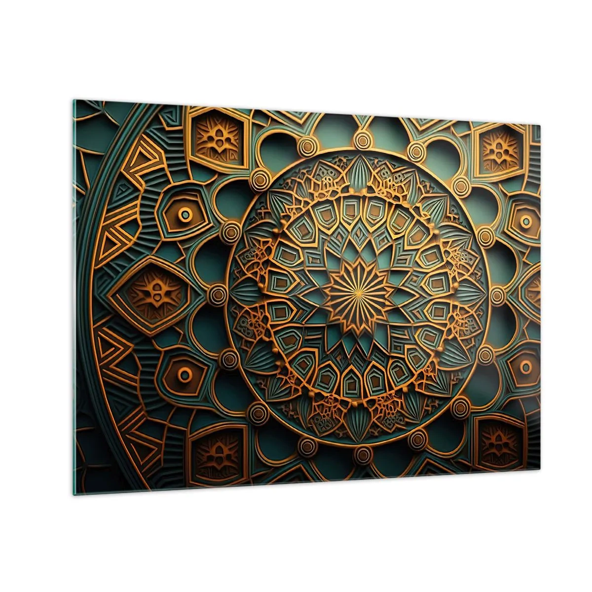 Impression sur verre - Image sur verre - Ornement en or et turquoise dans le style d'une mosaïque arabe - 70x50cm - Dans une ambiance arabe - Décoration murale moderne pour le salon et la chambre ARTTOR