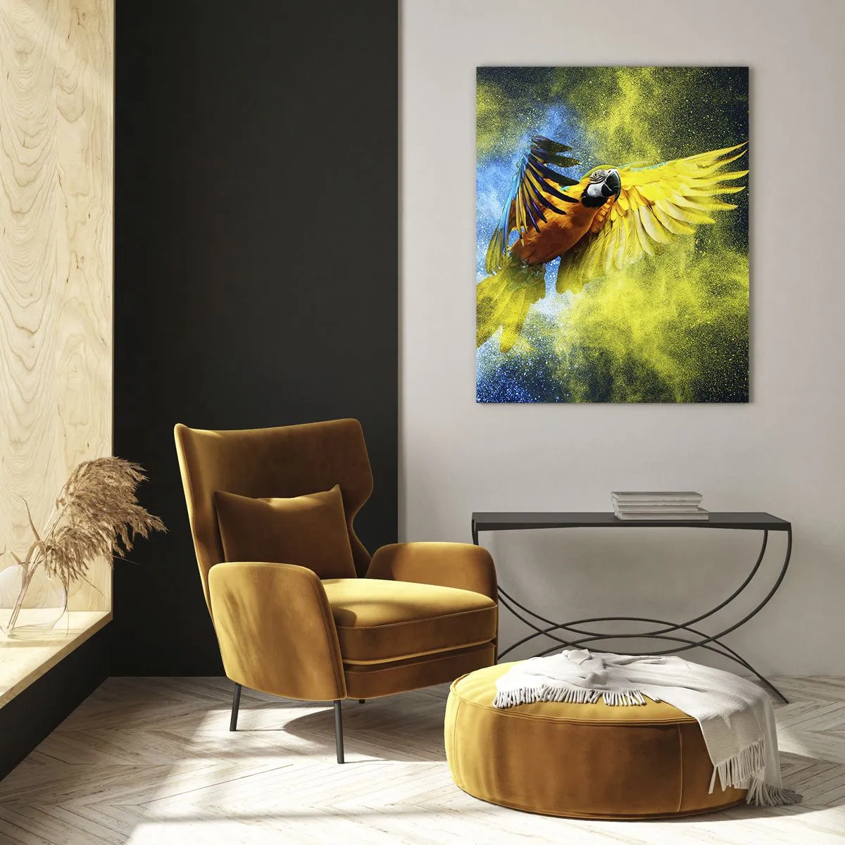 Impression sur verre - Image sur verre - Un perroquet en vol sur fond d'explosions colorées de jaune et de bleu. - 80x120cm - Dans la poussière bleue et dorée - Décoration murale moderne pour le salon et la chambre ARTTOR