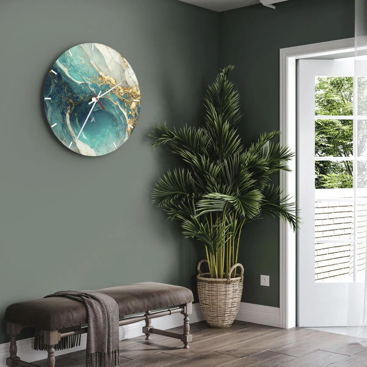 Horloge murale - Pendule murale - Abstrait turquoise avec motif doré tourbillonnant - 30x30cm - Composition en veines d'or - Décoration murale moderne pour le salon, la cuisine et la chambre ARTTOR