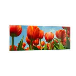 Impression sur verre - Image sur verre - Un champ de tulipes rouges et oranges contre un ciel bleu - 140x50cm - A part le ciel bleu, ils n'ont besoin de rien dans leur vie - Décoration murale moderne pour le salon et la chambre ARTTOR
