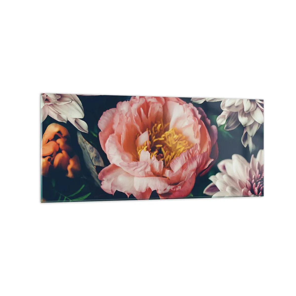 Impression sur verre - Image sur verre - Composition florale avec pivoines et chrysanthèmes sur fond sombre - 120x50cm - Splendeur baroque - Décoration murale moderne pour le salon et la chambre ARTTOR
